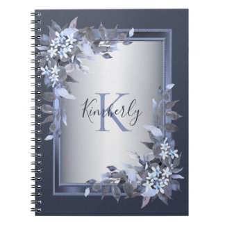 Monogram Name Navy Blue Floral Silver Grey Elegant Notebook