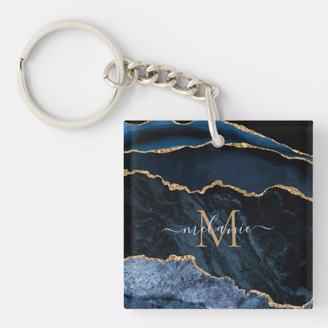 Monogram Name Navy Blue Gold Marble Keychain (Front)