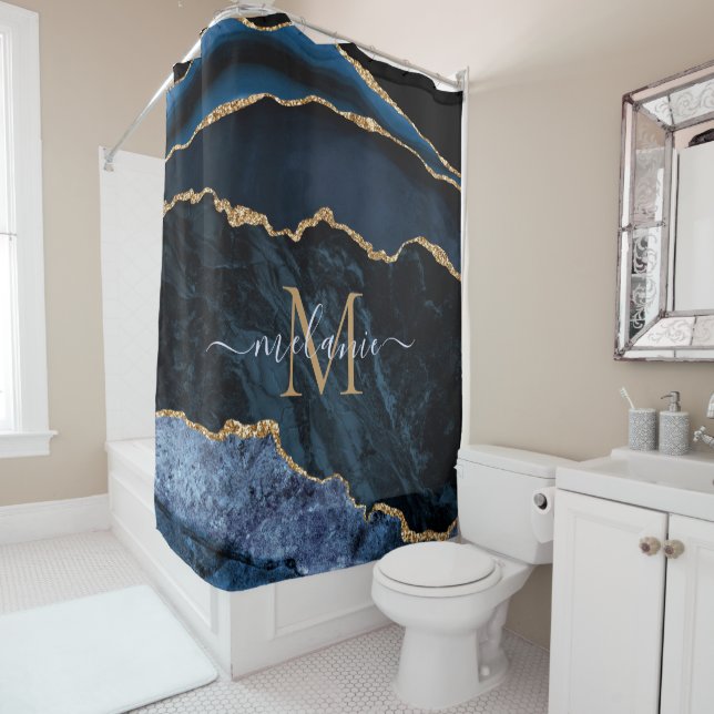 Monogram Name Navy Blue Gold Marble Shower Curtain (In Situ)