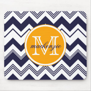 Monogram Name Navy Blue White Chevron Pattern Mouse Pad