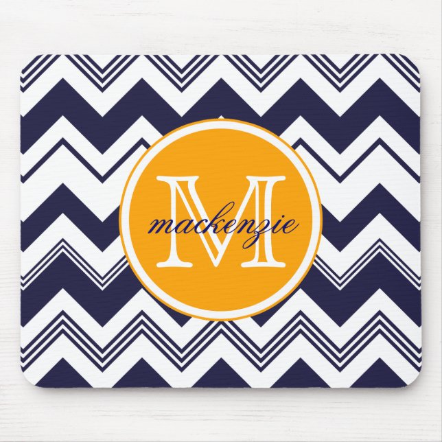Monogram Name Navy Blue White Chevron Pattern Mouse Pad (Front)