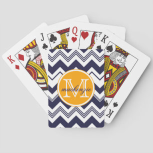 Monogram Name Navy Blue White Chevron Pattern Playing Cards
