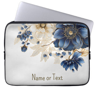 Monogram Name Navy Blue White Golden Floral Laptop Sleeve