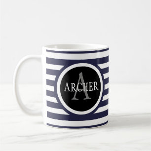 Monogram Name Navy Stripes Coffee Mug