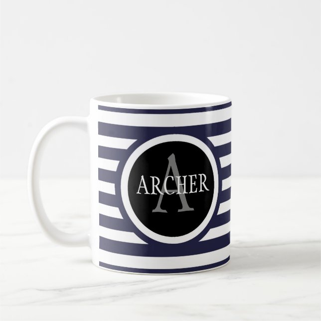 Monogram Name Navy Stripes Coffee Mug (Left)