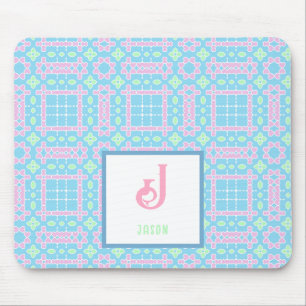 Monogram Name Neon Pink Blue Hearts Pattern Mouse Pad