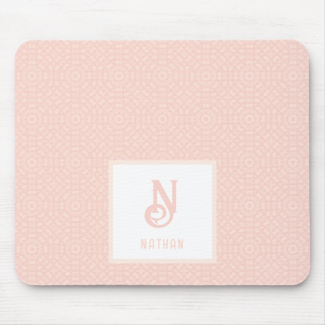Monogram Name Neon Pink Peach Hearts Pattern Mouse Pad (Front)