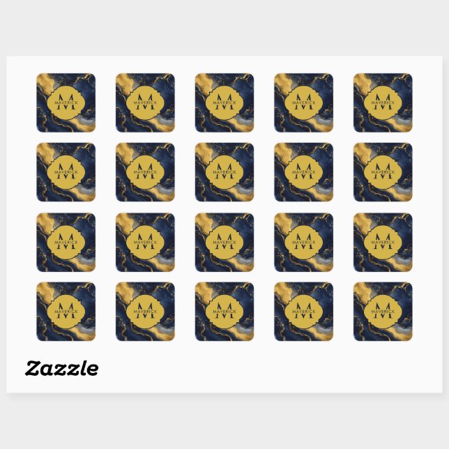 Monogram Name on NavyGold Abstract Marble FluidArt Square Sticker (Sheet)