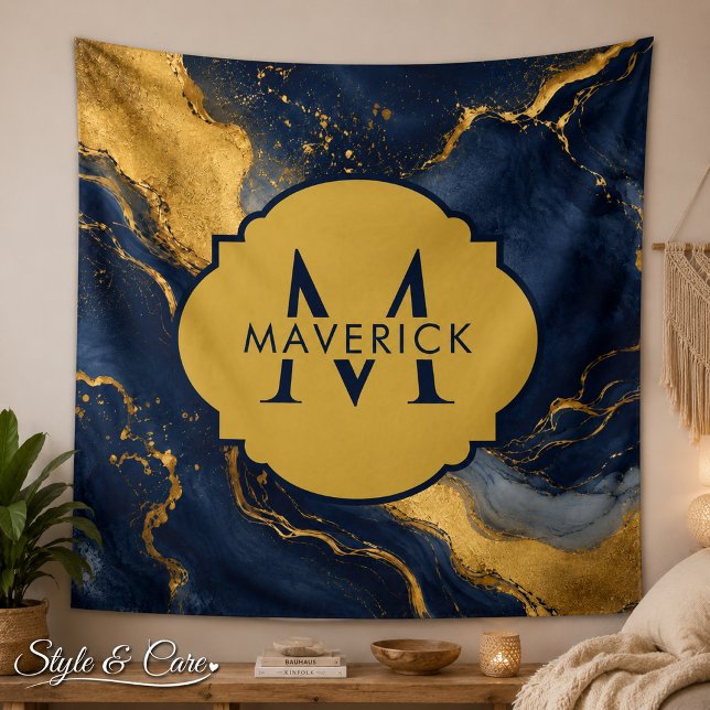 Monogram Name on NavyGold Abstract Marble FluidArt Tapestry (Monogram Name on NavyGold Abstract Marble FluidArt Tapestry)