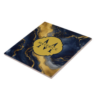 Monogram Name on NavyGold Abstract Marble FluidArt Tile