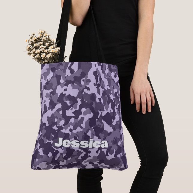 Monogram Name on Purple Camo | Tote Bag (Close Up)