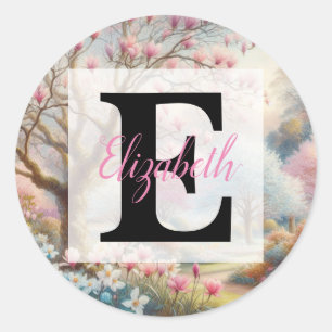 Monogram name on vintage watercolor floral park  classic round sticker