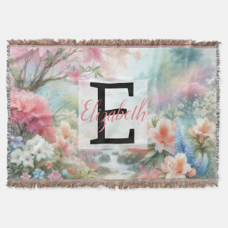 Monogram name on vintage watercolor floral park  throw blanket