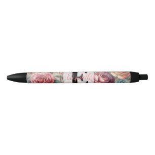 Monogram name on vintage watercolor flowers  black ink pen