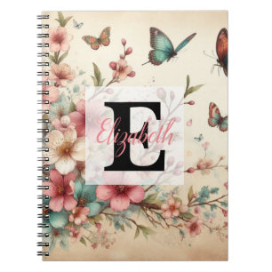 Monogram name on vintage watercolor flowers notebook