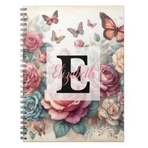 Monogram name on vintage watercolor flowers notebook