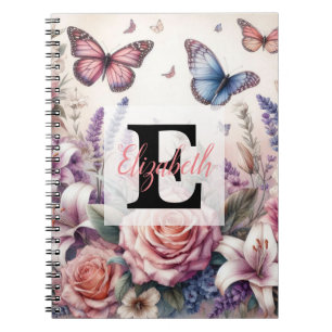 Monogram name on vintage watercolor flowers notebook