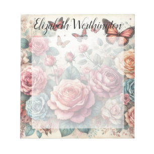 Monogram name on vintage watercolor flowers  notepad