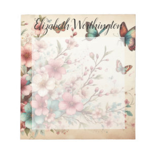 Monogram name on vintage watercolor flowers  notepad