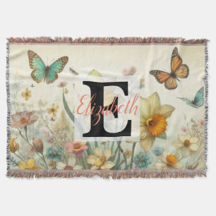 Monogram name on vintage watercolor flowers  throw blanket