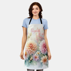 Monogram name on watercolor Flowers in pastels Apron