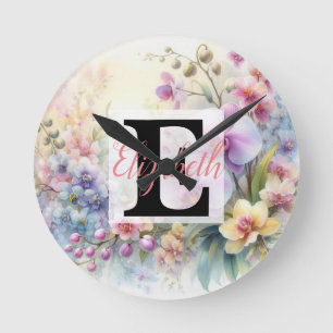 Monogram name on watercolor Flowers in pastels Round Clock