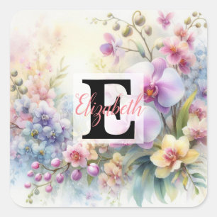 Monogram name on watercolor Flowers in pastels Square Sticker