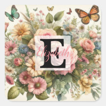 Monogram name on watercolor Flowers in pastels