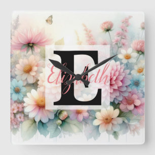 Monogram name on watercolor Flowers in pastels Square Wall Clock