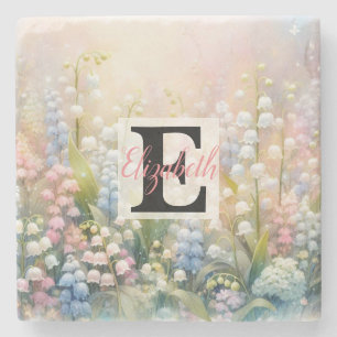 Monogram name on watercolor Flowers in pastels Stone Coaster