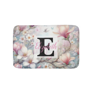 Monogram name on watercolor Flowers in pastels Th Bath Mat