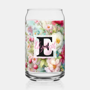 Monogram name on watercolor Flowers in pastels Th Can Glass