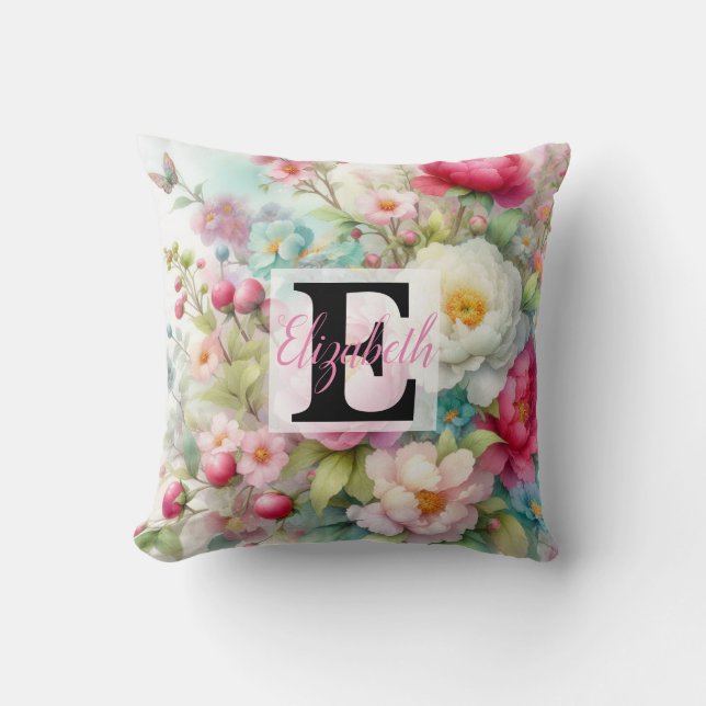 Monogram name on watercolor Flowers in pastels  Th Cushion (Front)