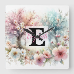 Monogram name on watercolor Flowers in pastels Th Square Wall Clock