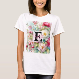 Monogram name on watercolor Flowers in pastels  Th T-Shirt