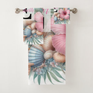 Monogram name on watercolor Flowers sea seashells Bath Towel Set