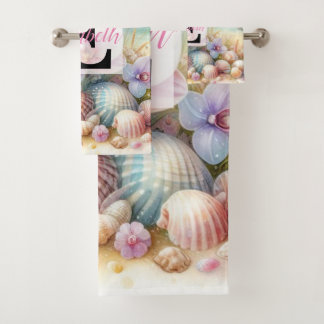 Monogram name on watercolor Flowers sea seashells  Bath Towel Set