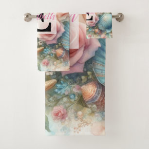 Monogram name on watercolor Flowers sea seashells Bath Towel Set