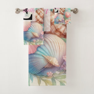 Monogram name on watercolor Flowers sea seashells Bath Towel Set