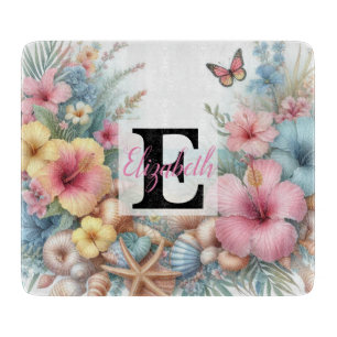 Monogram name on watercolor Flowers sea seashells Cutting Board