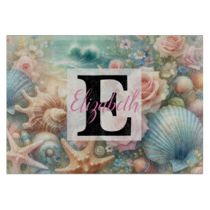 Monogram name on watercolor Flowers sea seashells Cutting Board