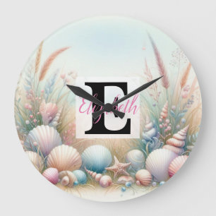 Monogram name on watercolor Flowers sea seashells  Large Clock