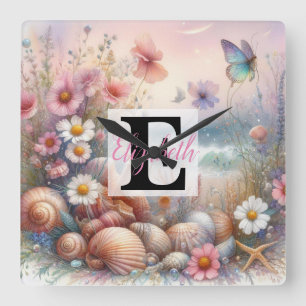 Monogram name on watercolor Flowers sea seashells  Square Wall Clock