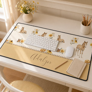 Monogram Name Orange Horse Wildflower Pattern Desk Mat