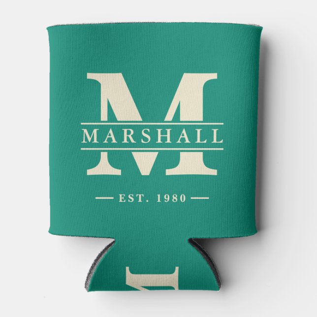 Monogram & Name Overlay Aqua Beach Breeze Can Cooler (Front)