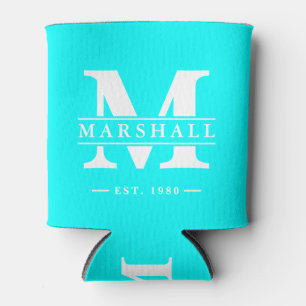 Monogram & Name Overlay Electric Retro Cyan Can Cooler