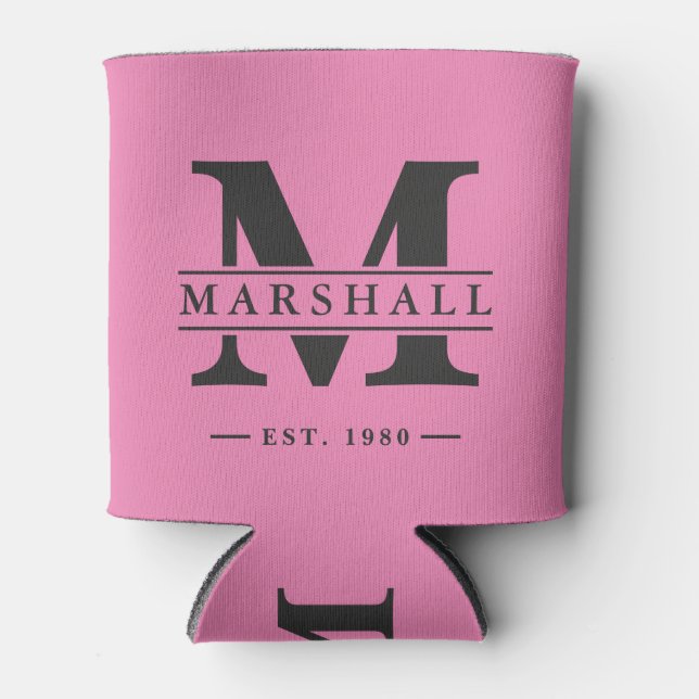 Monogram & Name Overlay Pink and Black Can Cooler (Front)