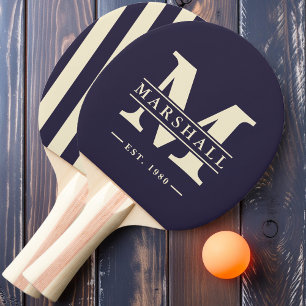 Monogram & Name Overlay Striping Midnight Ocean Ping Pong Paddle