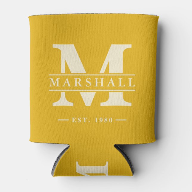 Monogram & Name Overlay Warm Sunflower Can Cooler (Front)