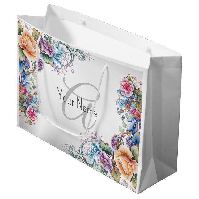 Monogram Name Party Colourful Floral Elegant Moder Large Gift Bag (Front Angled)